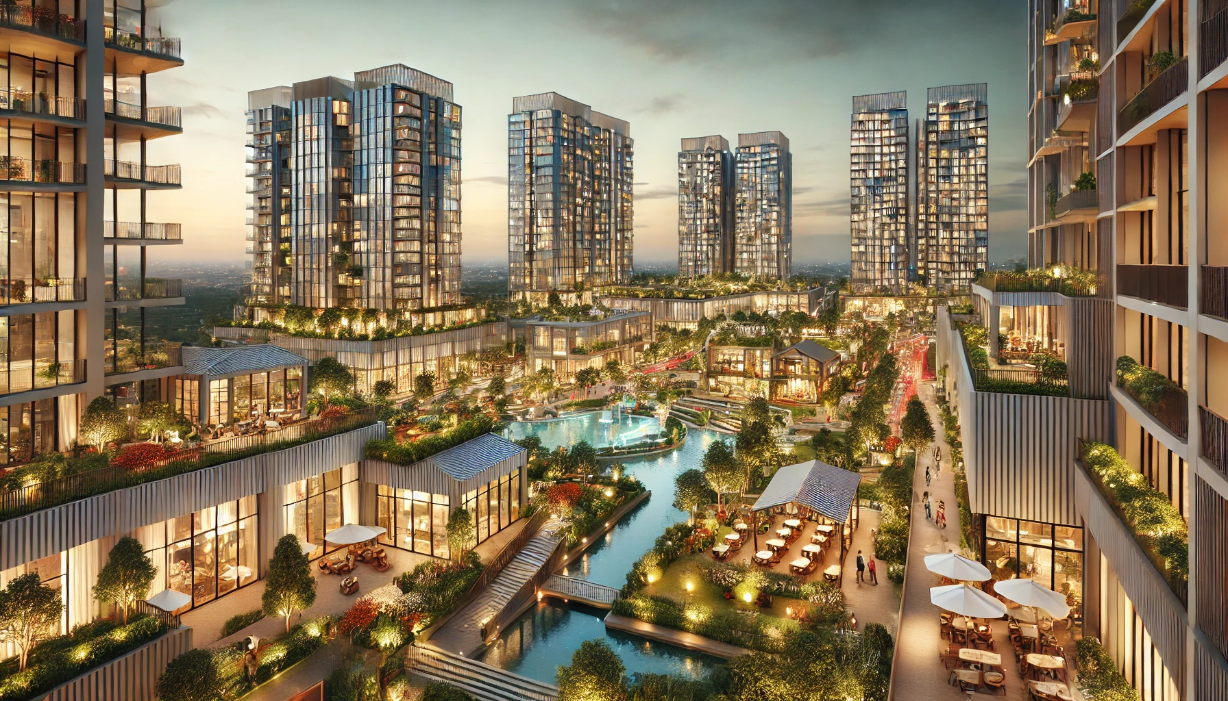 DALL·E 2024-12-04 02.17.09 - A luxurious real estate development featuring modern residential and commercial buildings. The design includes high-rise apartments with glass facades